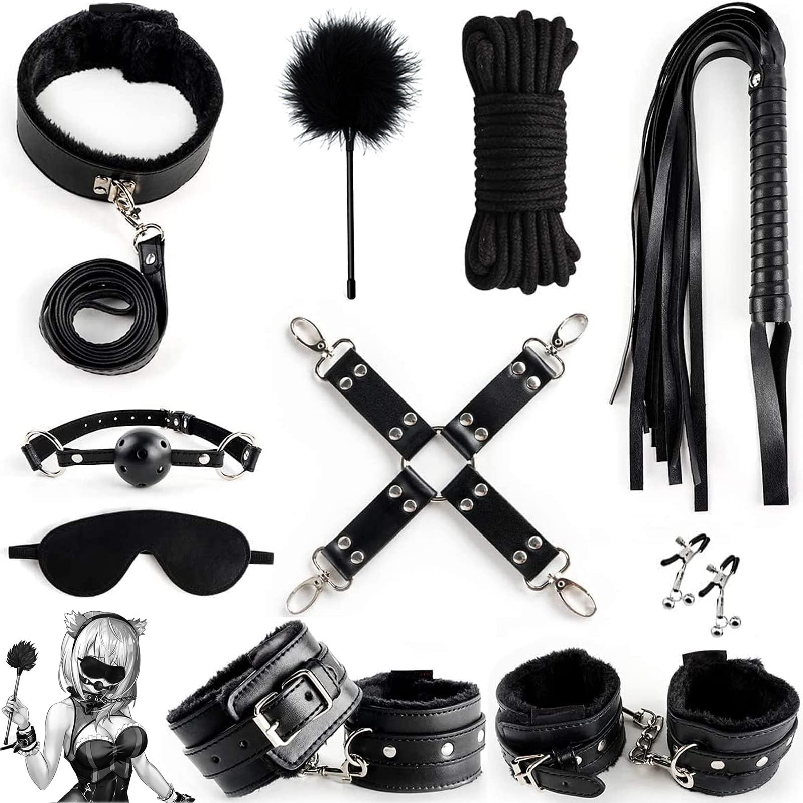 11PCS Toys Sets with Adjustable Handcuffs Collar Ankle Cuff Blindfold Feather